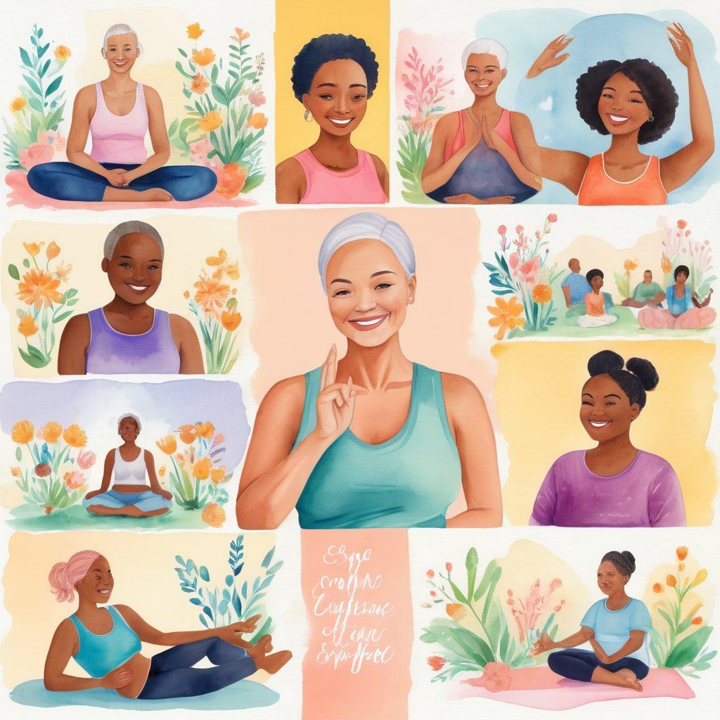 A collage depicting a diverse group of cancer survivors smiling and engaging in various supportive activities, such as group therapy, yoga, and sharing stories. Soft pastel colors create a hopeful and uplifting atmosphere, with subtle symbols of strength like ribbons and flowers interspersed throughout the image. The background should be warm and inviting, conveying a sense of community and empowerment. watercolor art style. vibrant colors.