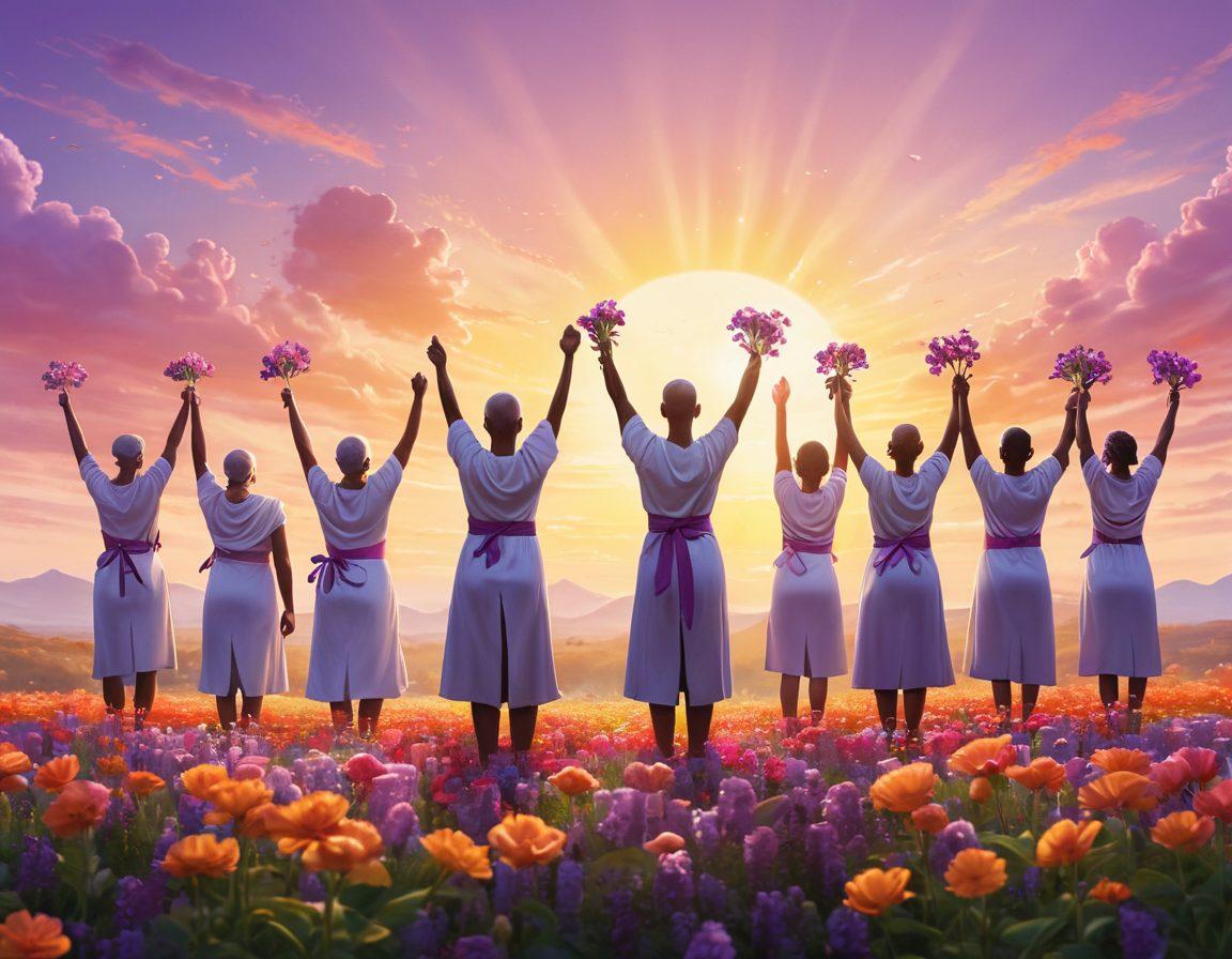 A powerful illustration of a diverse group of cancer warriors standing together, arms raised in solidarity, surrounded by vibrant flowers symbolizing hope and resilience. The background features a sun rising over a peaceful horizon, reflecting new beginnings. Include elements like purple ribbons and supportive messages in soft pastel colors. super-realistic. vibrant colors. uplifting atmosphere.