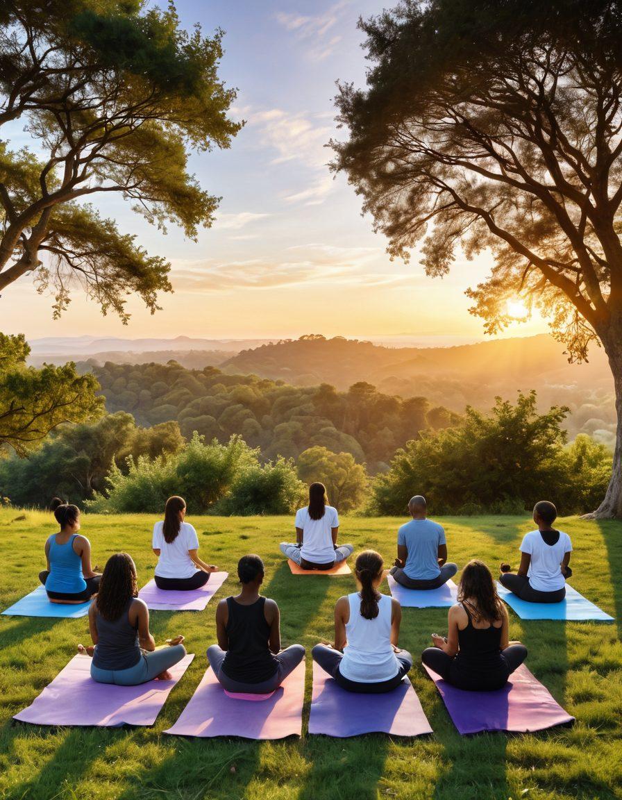 A serene landscape featuring a diverse group of individuals engaging in holistic wellness activities, surrounded by nature. Include elements such as yoga poses, meditation, herbal remedies, and educational materials scattered on the ground. The background should showcase a vibrant sunrise, symbolizing hope and empowerment for survivors. Emphasize warmth and inclusivity through soft, inviting colors. super-realistic. vibrant colors. peaceful atmosphere.